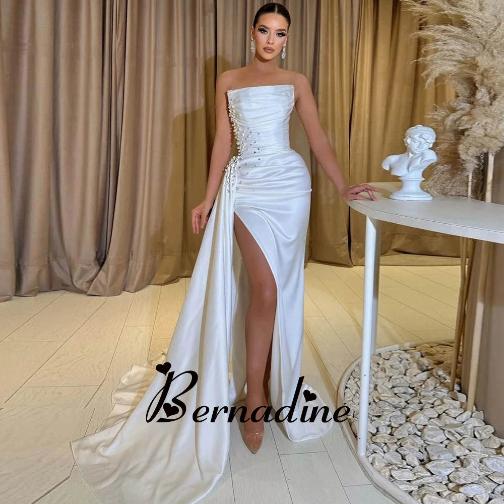 

Bernadine Graduation Dresses Fashionable Strapless Prom Evening Dress Beadings Slit Detachable Train Robes De Soirée Customised