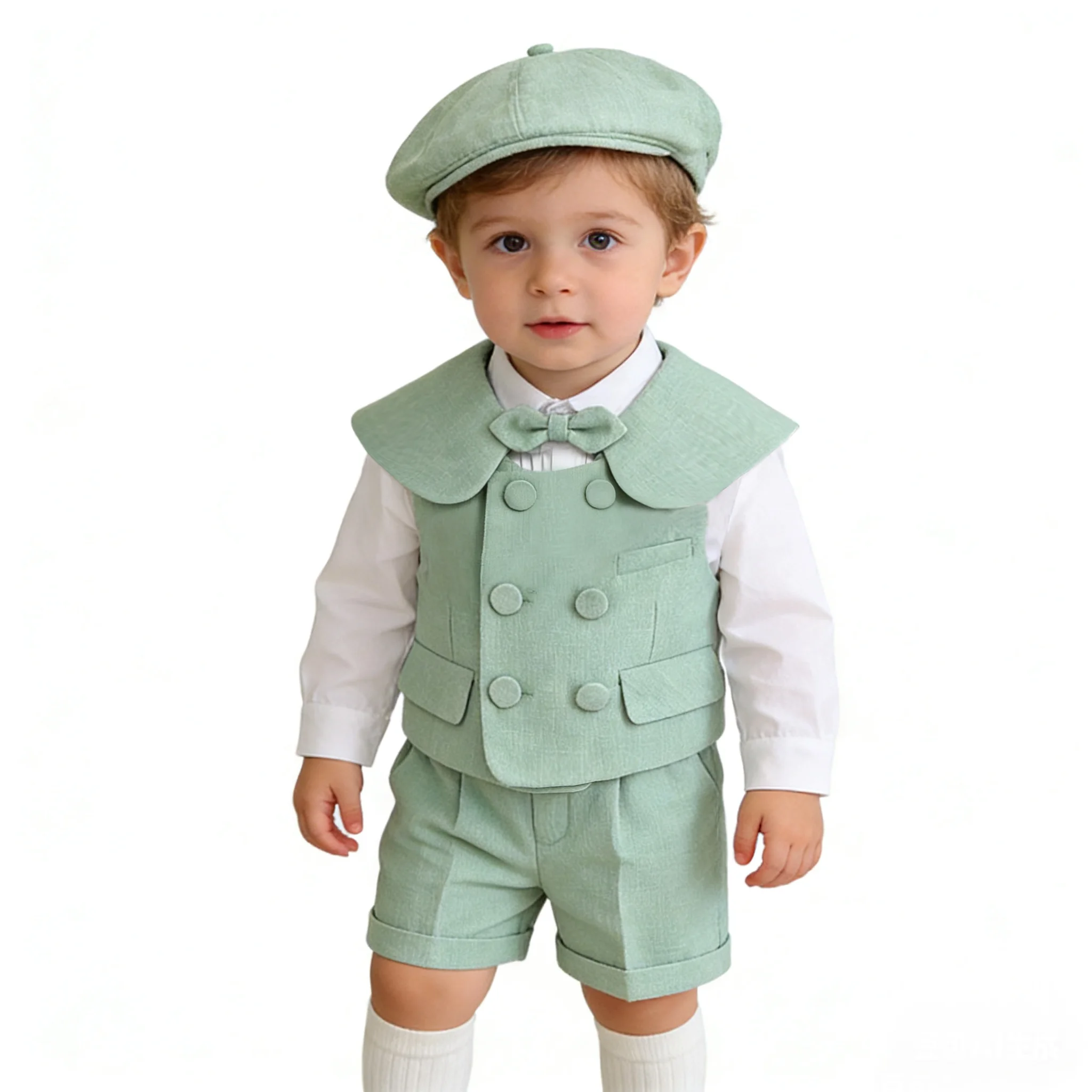 Toddler Baby Boy Gentleman Suit 5Pcs Light Green Outfit Set White Shirt Vest Shorts Bow Tie Beret Hat Kids Party Formal Costume