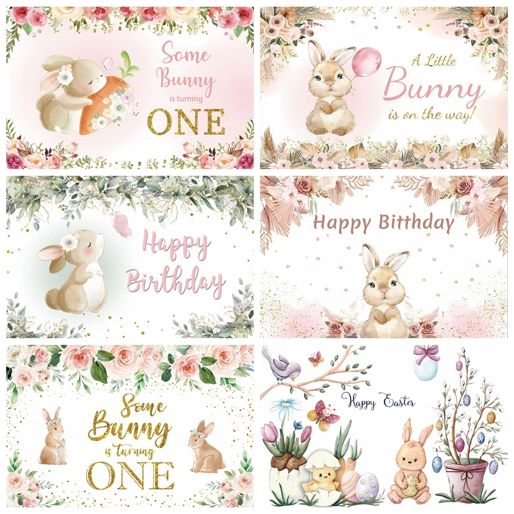 

Rabbit Birthday Party Backdrop Bunny Flowers Spring Easter Baby Shower Photography Background Decor Banner Photostudio Props