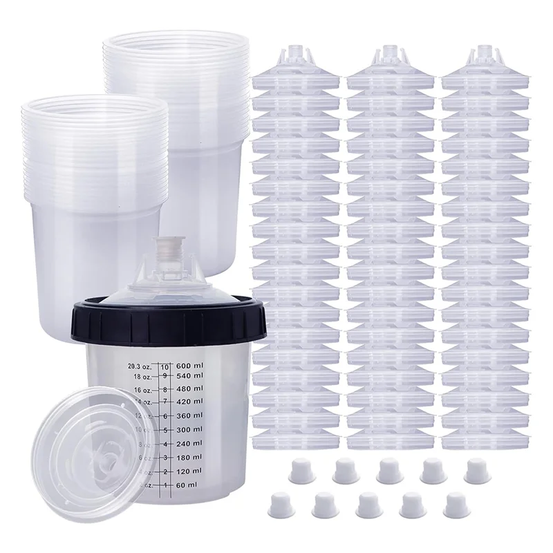 

【Flash Sale】Paint Sprayer Mixing Cup, 20 Ounce (600Ml) Kit With 55 Cups And Lids System, 1 Hard Cup With Retainer Ring And 10 Pl