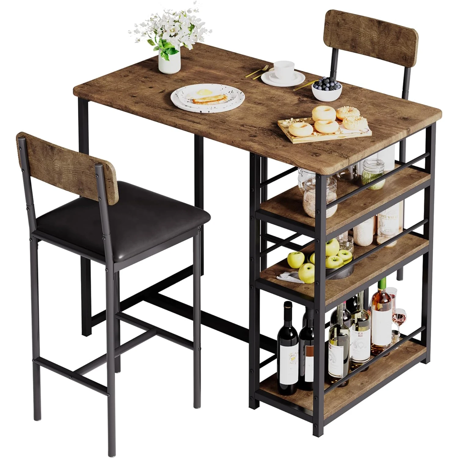 Dining Table Set for 2 with 3 Storage Shelves, Retro | Upholstered PU Cushion Chairs with 2 Bar Stools, Island Table and Chairs Set, Studio Apartment Furniture for Small Space