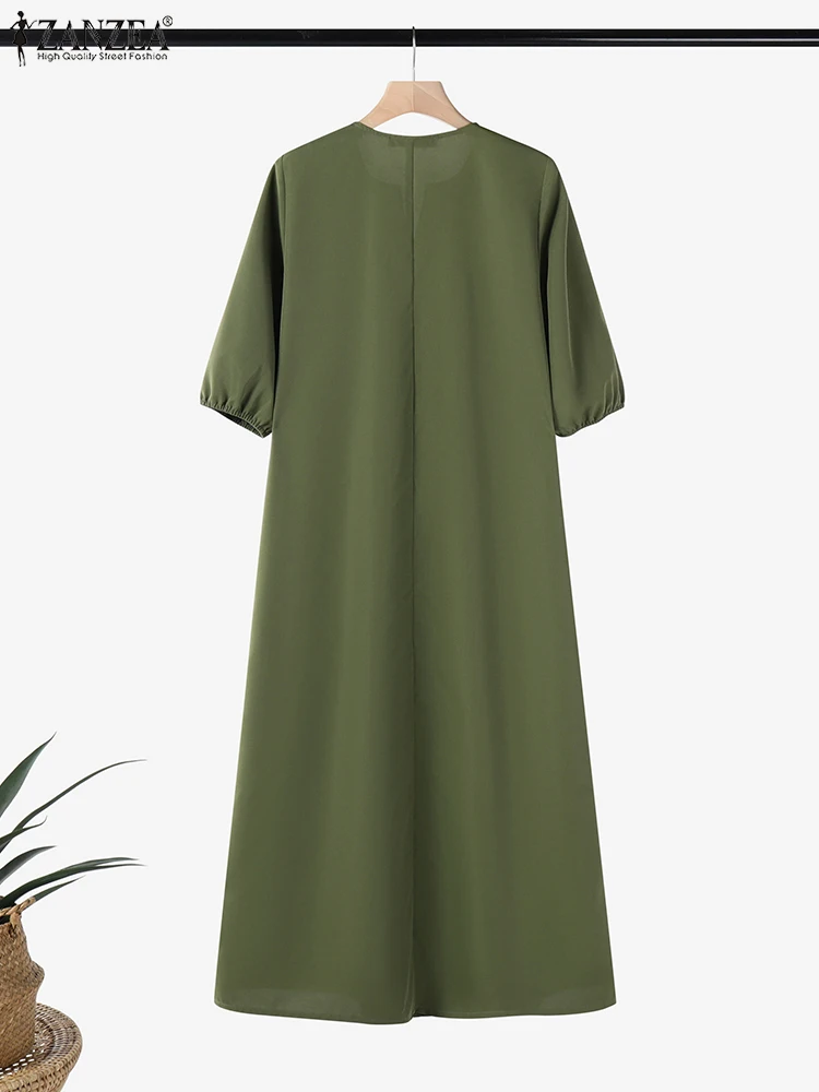 2025 ZANZEA été couleur unie Robe Vintage femmes Maxi Robe longue 3/4 manches plissée Robe d'été décontracté travail robes Robe Femme