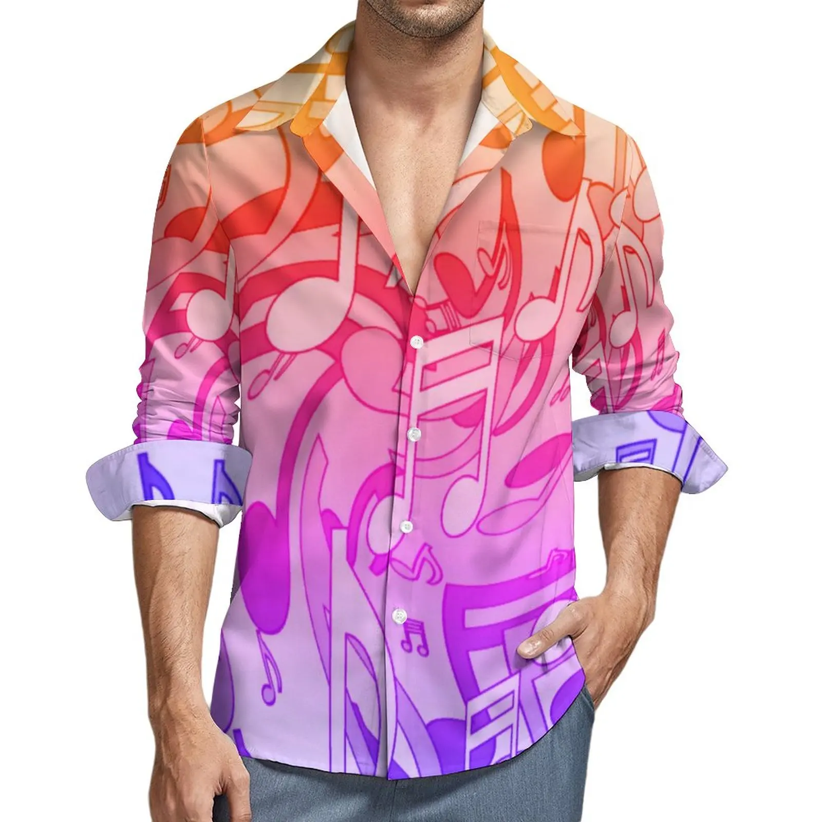 New Style Rainbow Music Notes Lapel Casual Shirt Men Psychedelic Neon Shirt Autumn Vintage Blouses Long Sleeve Graphic Clothing