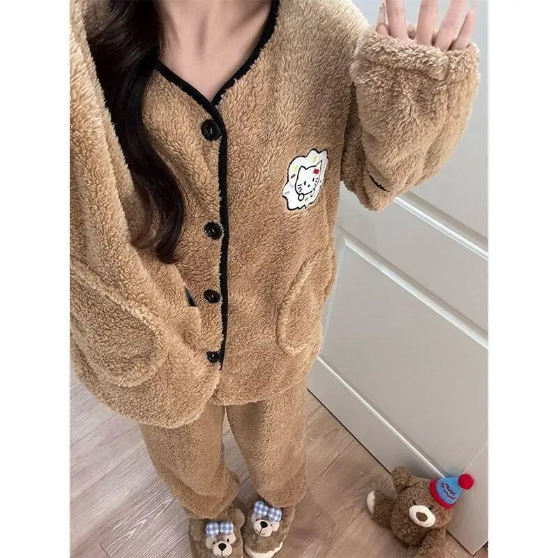 Sanrio quente e wearable casa terno conjunto olá kitty pijamas feminino outono inverno engrossado coral velo dos desenhos animados kt gato flanela