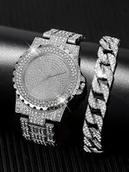 2pcs Stylish Shiny Full Diamond MEN'S Large Dial Steel Band Quartz Watch with Diamond Inlaid Chain Bracelet Set