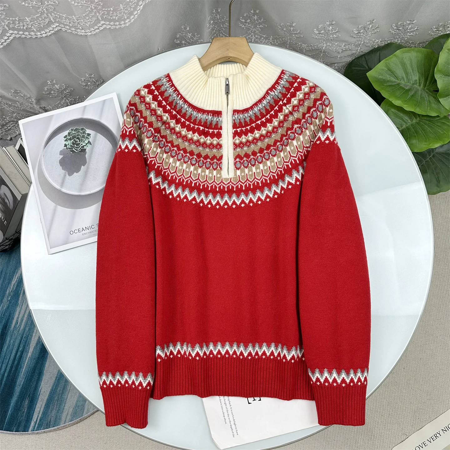 

Женский кашемировый свитер Drunk Cow Top Level с воротником на молнии, цветочной вышивкой, оверсайз, с длинными рукавами, круглым вырезом, теплый, зимний