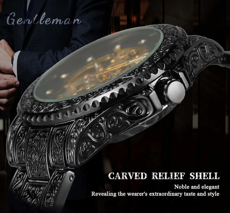 FORSINING ファッションレトロメンズスケルトン自動機械式時計ラインストーンクールブラックステンレス鋼ヴィンテージ彫刻時計