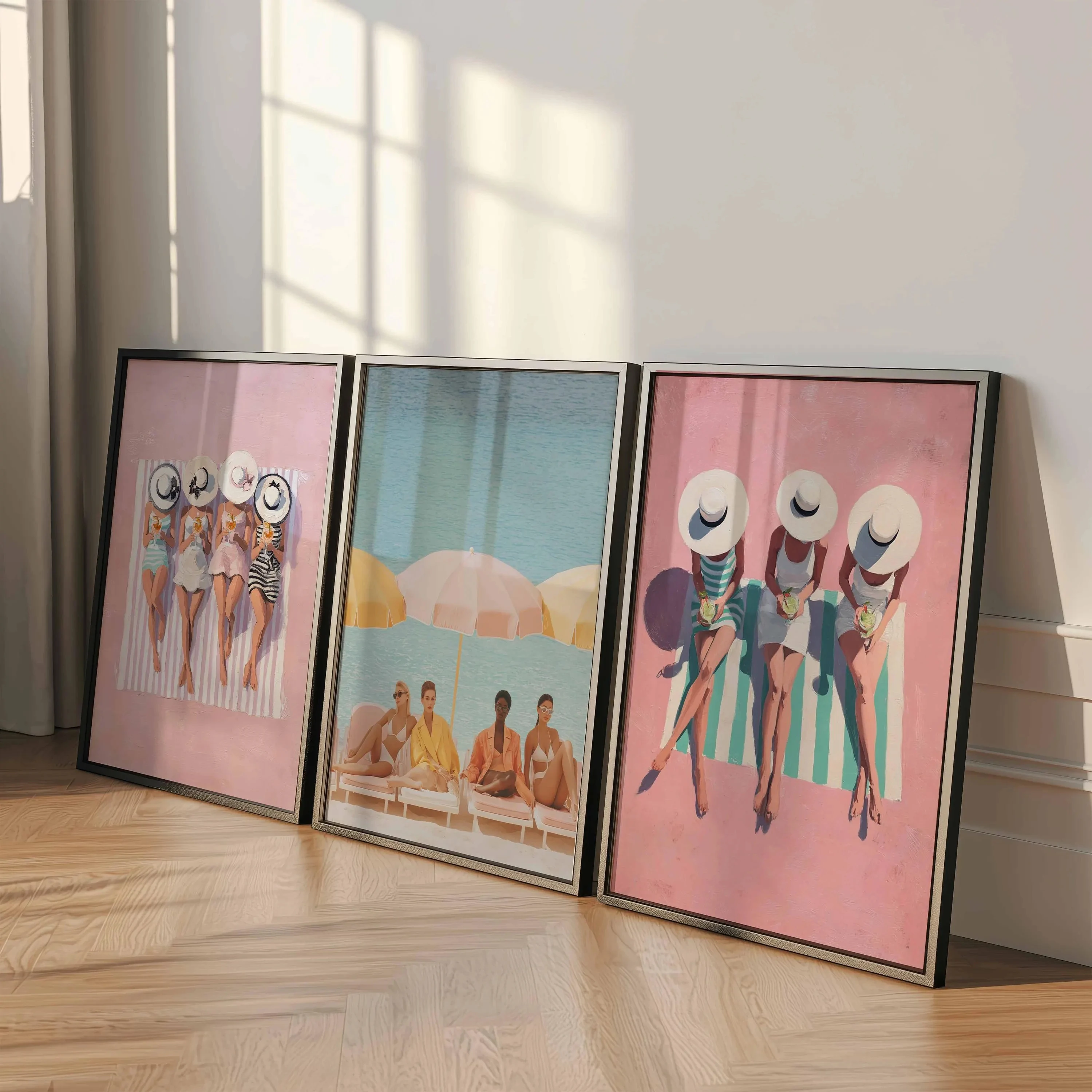 Set of 3 Retro Beach Ladies Posters, Vintage Summer Poolside Wall Art, Elegant Women in Swimsuits, Feminine Seaside Print Set