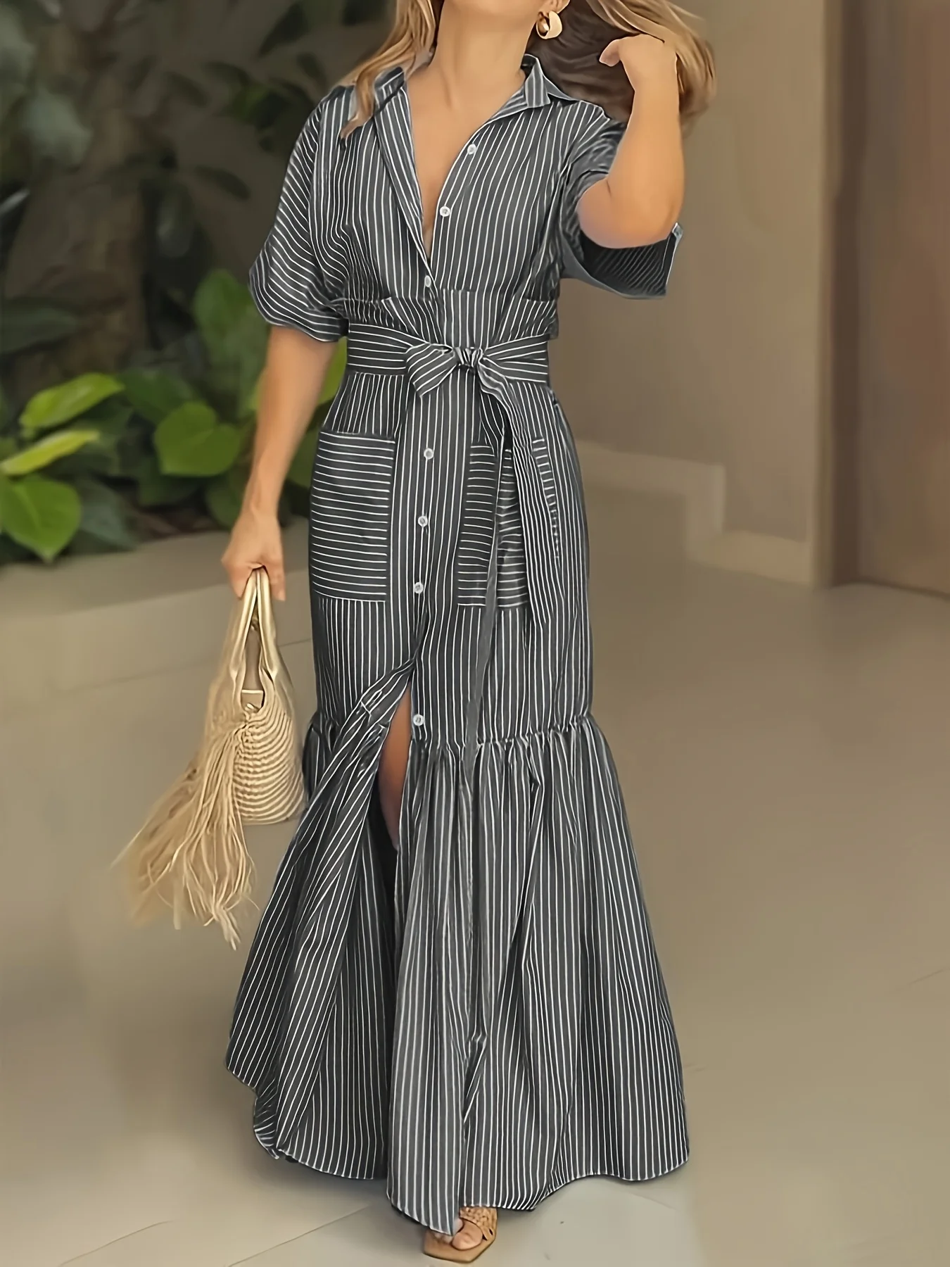 

Digital Print Striped Dress, Slit Hem Lantern Sleeves - Breathable Fabric, Loose Fit Slim Fit Women Casual Party