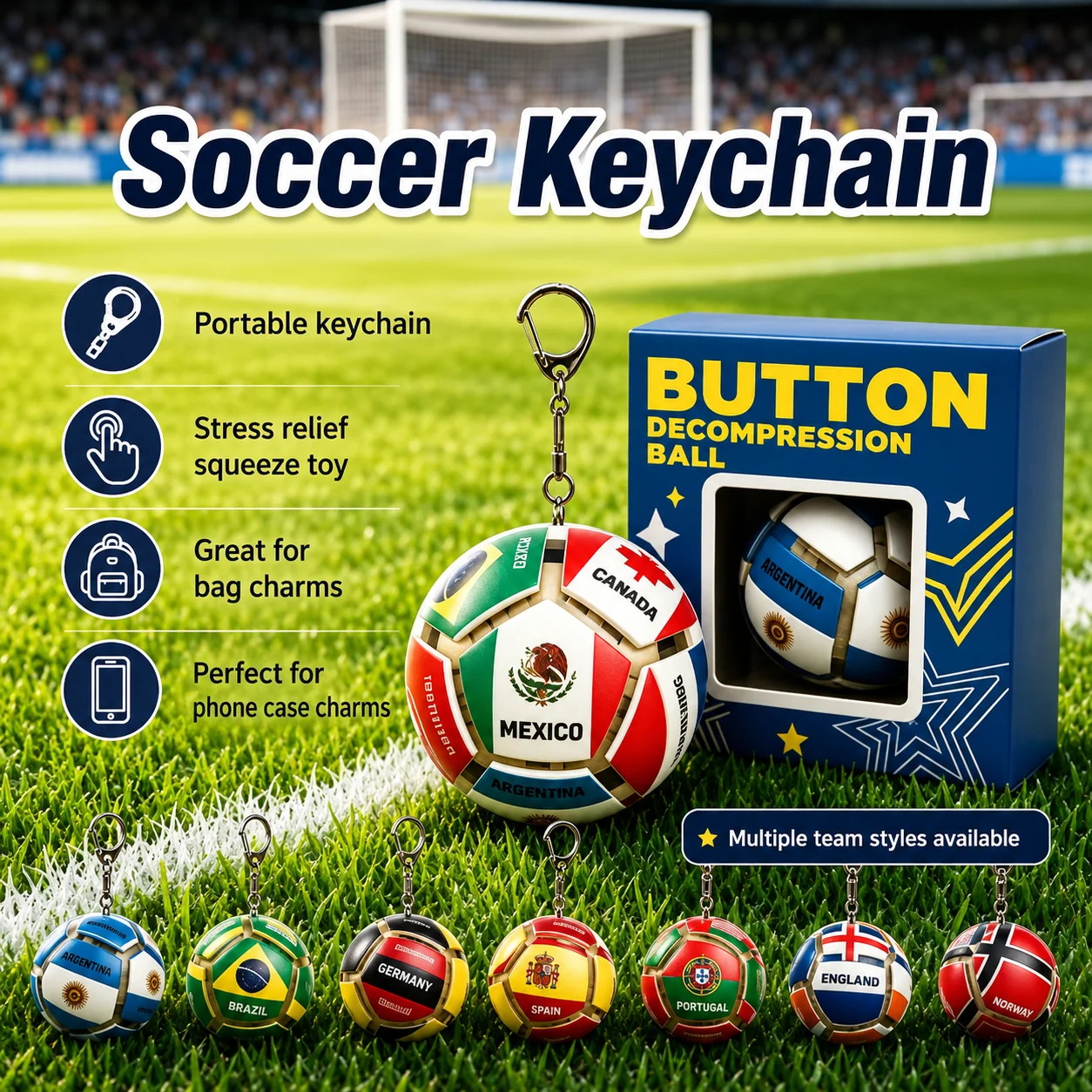 Soccer Ball Keychain Stress Relief Squeeze Toy Sports Bag Charm Phone Case Pendant Mini Ball Gift Box
