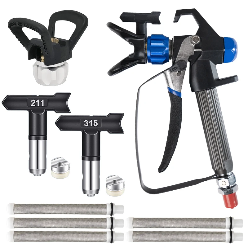 

10-Piece Airless Paint Sprayer Kit, Home Renovation Airless Paint Sprayer Tool Accessories, Suitable for Spraying Paint, Latex Paint, Coatings, Etc., (Including 1 Premium Spray Gun + 2 Bases + 2 Black Nozzles with Washers (211 315) + 5 White Filter Screen