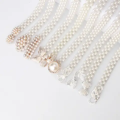 Fashionable and Exquisite Pearl Waist Chain with Rhinestones and Pearls Korean-Style Sweet Dress Elastic Women’s Leather Belt