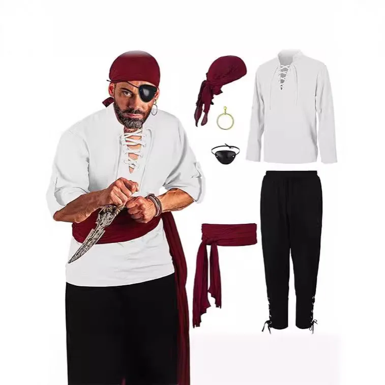 Halloween Men's Pirate Costume Men's Renaissance Viking Shirt Strap Pants Headscarf