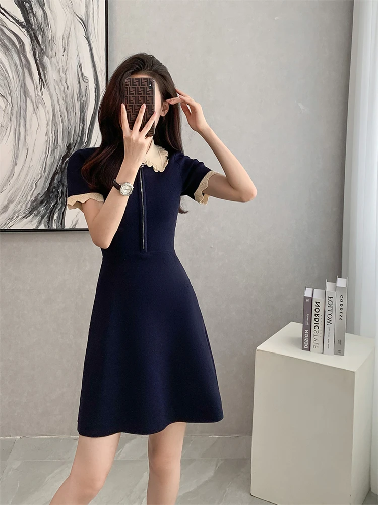 

Women's Half Zipper Knit Short Dress, Slim Fit, Polo Collar, A-Line, High Street, Chic, Fashionable, Sweet Girl Outfit, Design