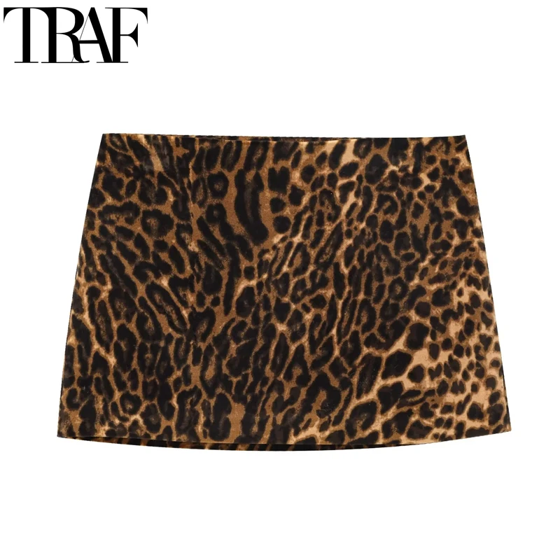 TRAF Spódnice Damskie Vintage Leopard Mini Spódniczka Kobiety Jesień Aksamitne Krótkie Spódniczki Dla Kobiet Retro A-Line Animal Print Spódnica