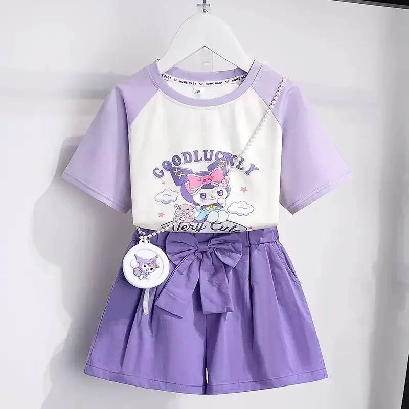 Sanrio Children's Suit For Girls Summer Cute Short Sleeve Tshirt + Shorts 2 PC Sets Casual Outfit Baby Kids Clothing