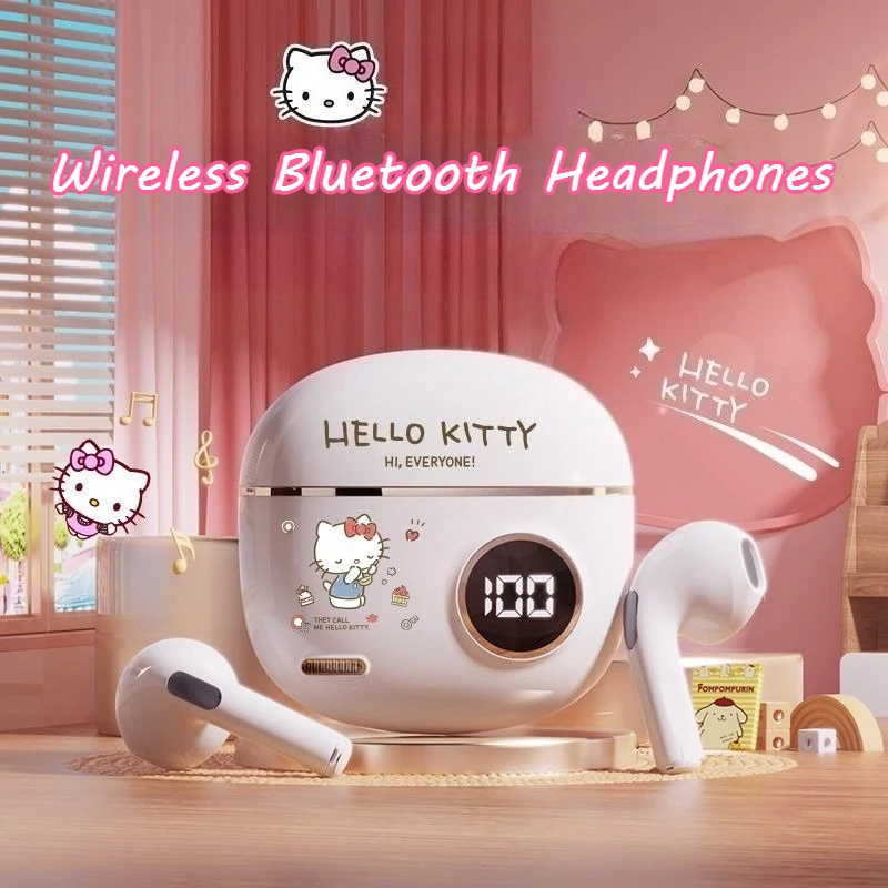 New Sanrio Hello Kitty Bluetooth Headphone Wireless Dual-Ear Sports Noise Reduction Earbuds Long Battery Life Cute Kuromi Design