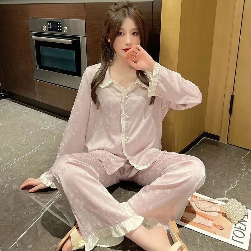 Ice Silk Pajamas Women Spring and Autumn Long Sleeve Pants Sweet Princess Style Lovely Home Dress Set French Court Style