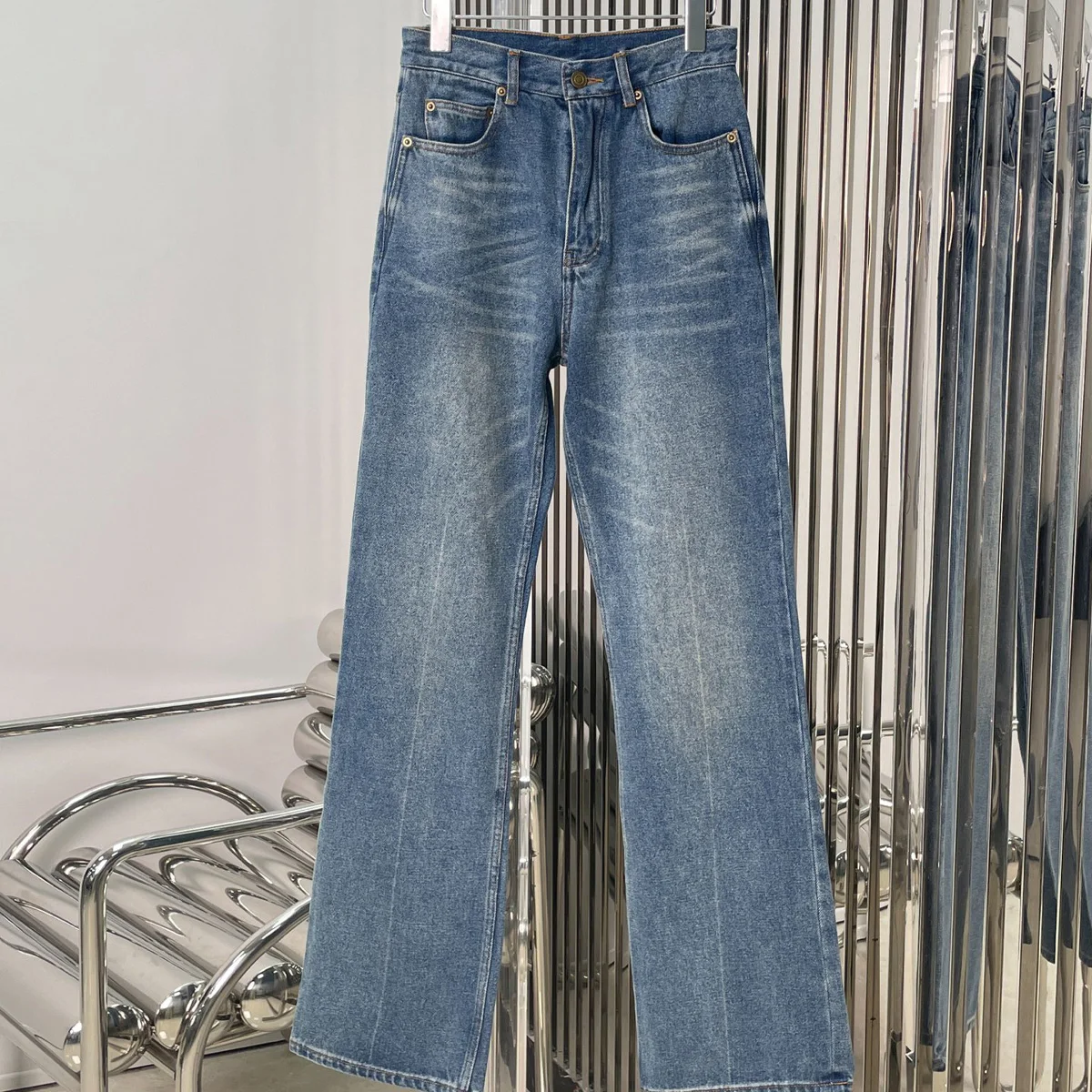 High Quality Women High Waist Flared Jeans, Vintage Wash Blue Denim Long Pants lyt124099