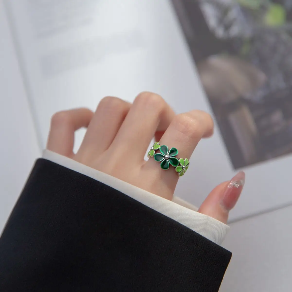 New Fashion Silver Color Green Flower Leaf Rose Daisy Enamel Open Finger Rings For Women Girl Jewelry Gift Dropship Wholesale