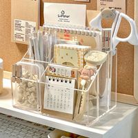 Clear Acrylic Pen Holder Desk Organizer Large Capacity Stationery Storage Box Multiple Compartment Pen Container Office Supplies