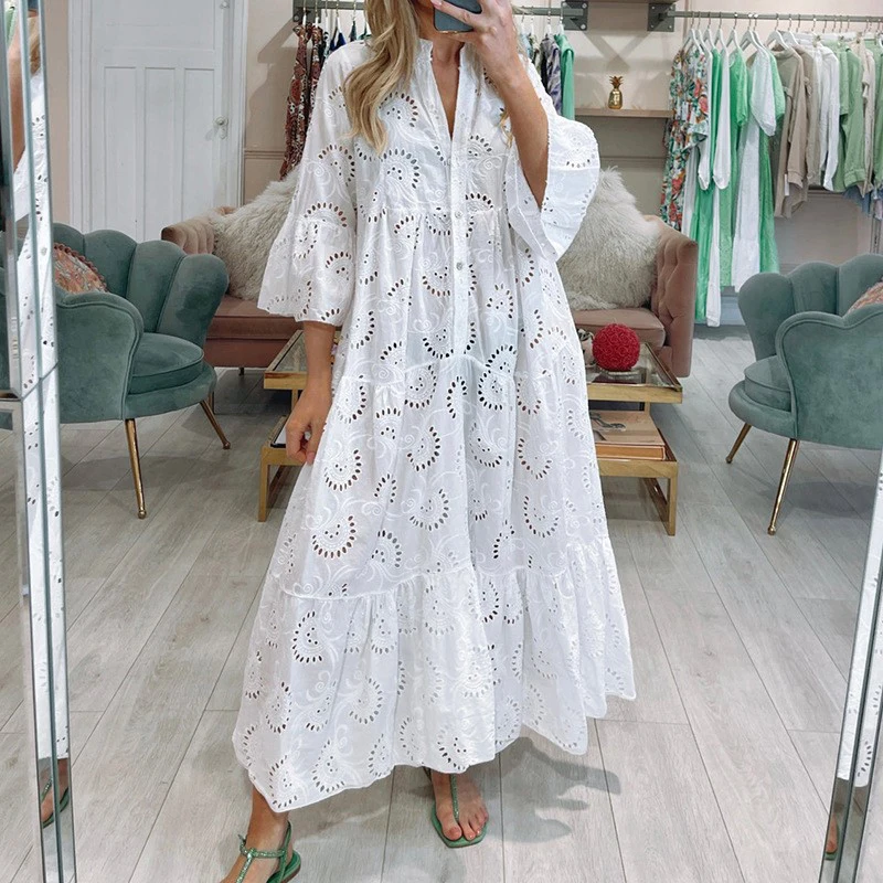 Fashion Solid Color Flare Sleeve Loose Dress Casual Ladies V Neck Button Long Dress Spring Summer Hollow Out A-line Dresses New