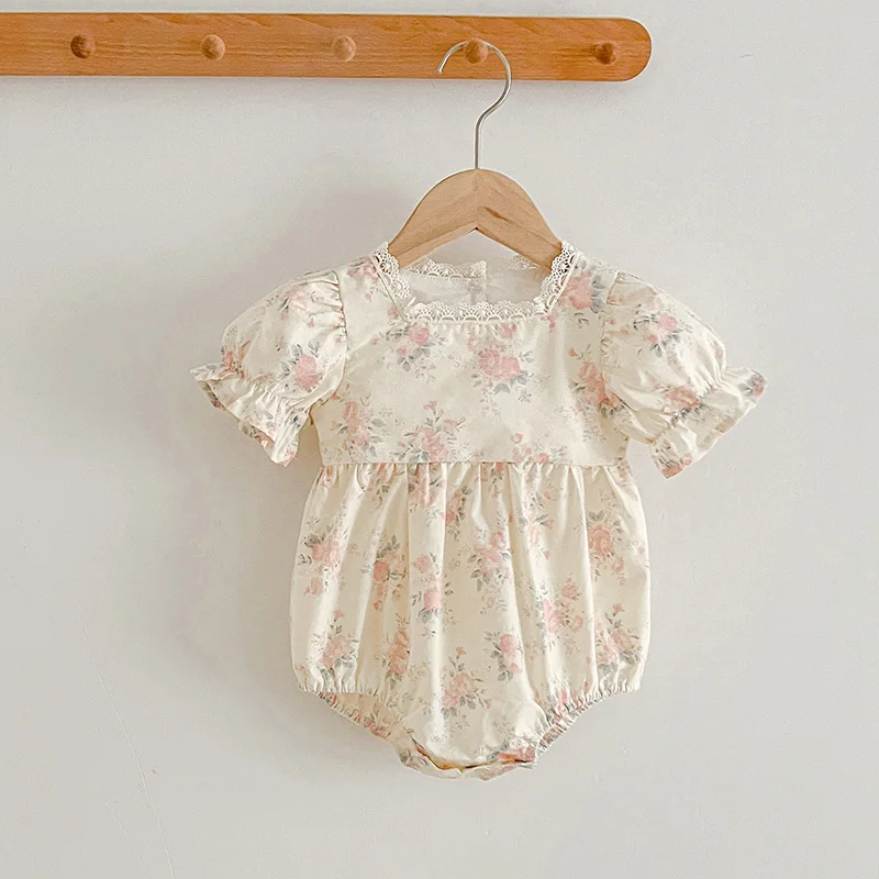 2024 Infant Baby Girls Jumpsuit Lace Collar Flowers Cotton Newborn Baby Girl Bodysuits Summer Baby Girls Clothes Korean Style