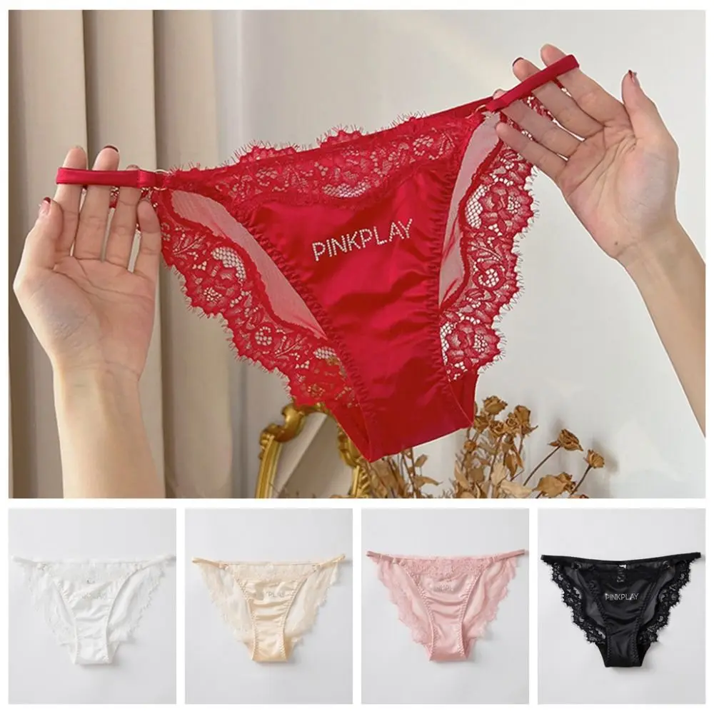 Injpanties en satin avec lettre en cristal pour femme, ceinture fine, taille moyenne, slip en dentelle biscuits, sous-vêtement sans couture, caleçon pour femme