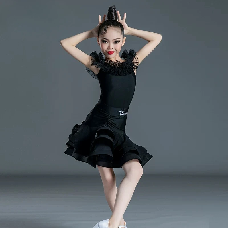 

Детский профессиональный костюм для латиноамериканских танцев для девочек, черный, для тренировок и выступлений, летний сценический костюм