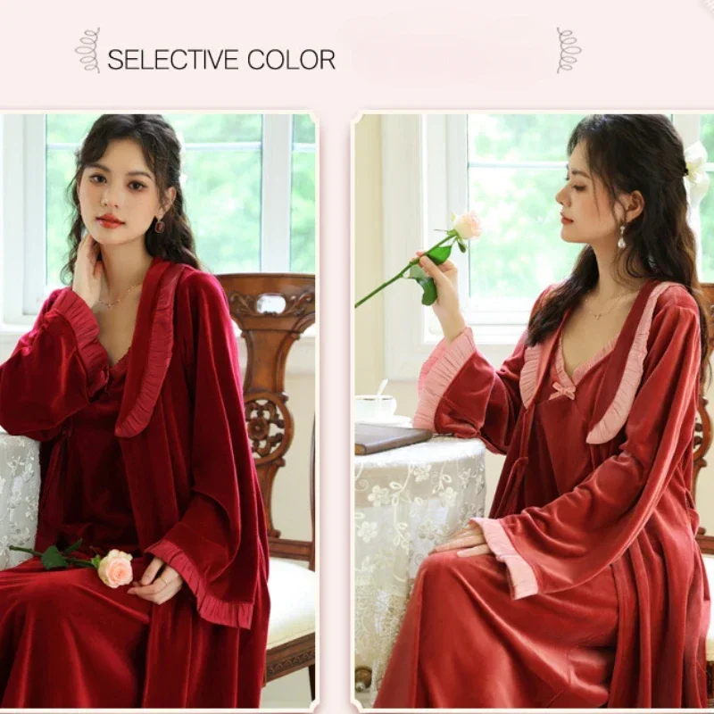 Autumn Winter Velvet Night Dress Women Two Pieces Warm Velour Robe Sets Sexy Lace Ruffles Nightwear Vintage Nightgowns Sleepwear