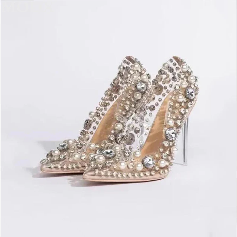 

Diamonds Pearl Decorate Stiletto Pumps PVC Transparent Rhinestone Silver Metallic High Heels Women Pointed Toe Mules Dress Shoes