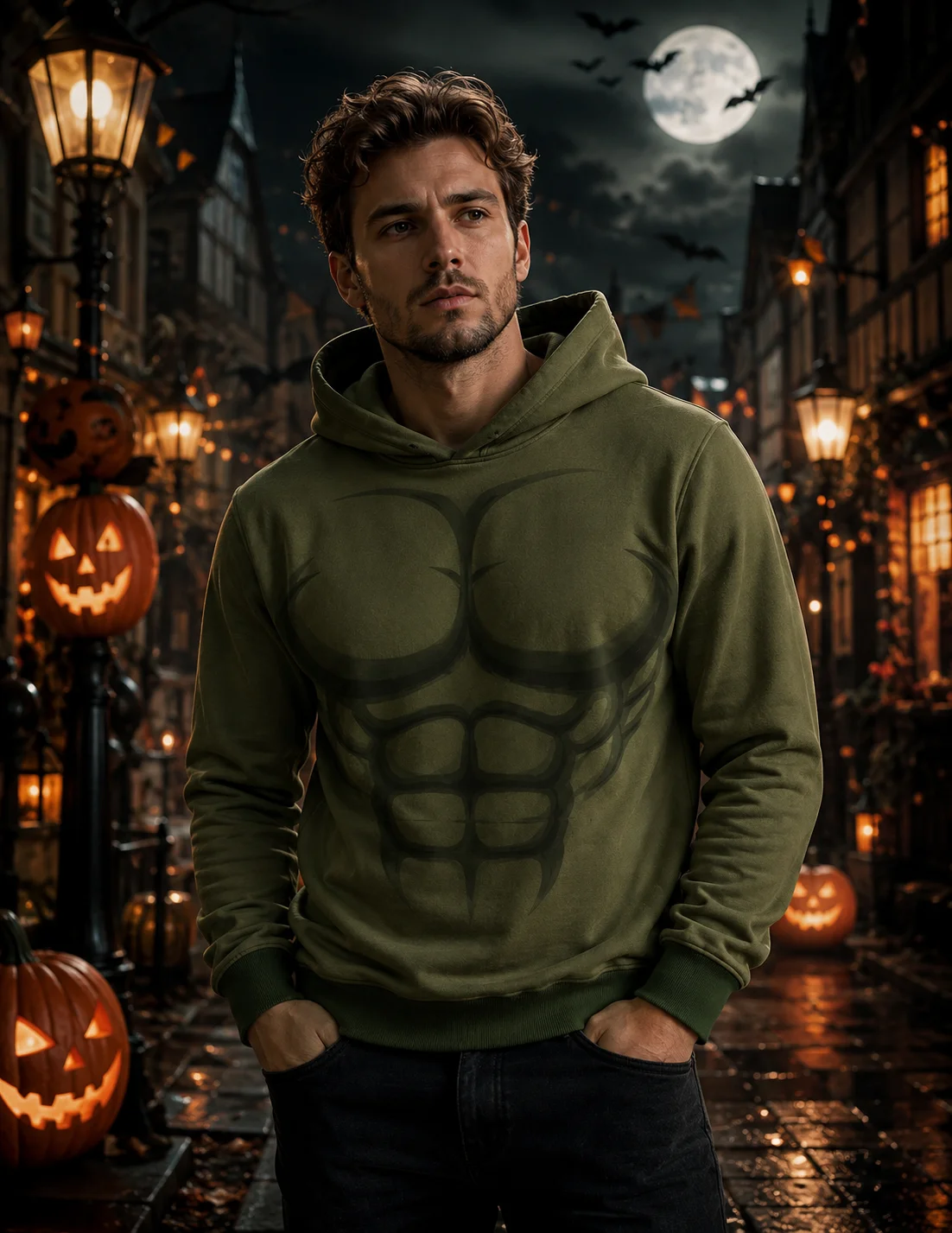 Y2K Men Muscle Graphic Hoodie, Abstract Body Print Hooded Sweatshirt, Halloween Role‑play Casual Top Men's Fall Sportswear Shirt