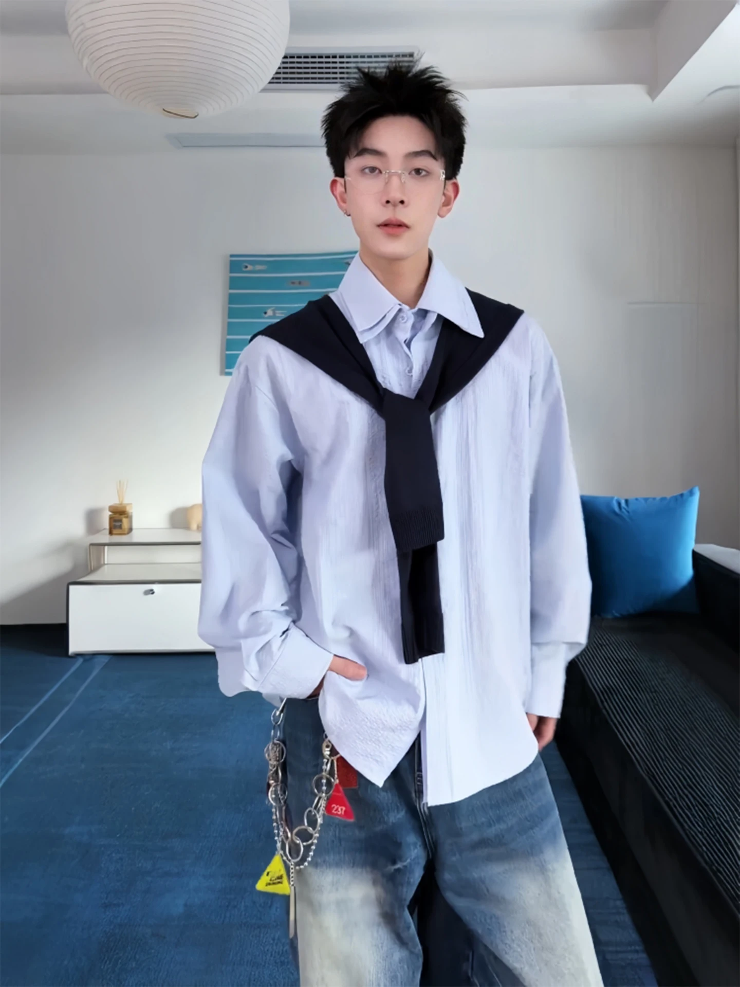 

Casual Stripe irt Fake Two-Piece Open Cardigan Versatile Leisure Men's Long Sve Polyester Fiber Breathable Spring irt