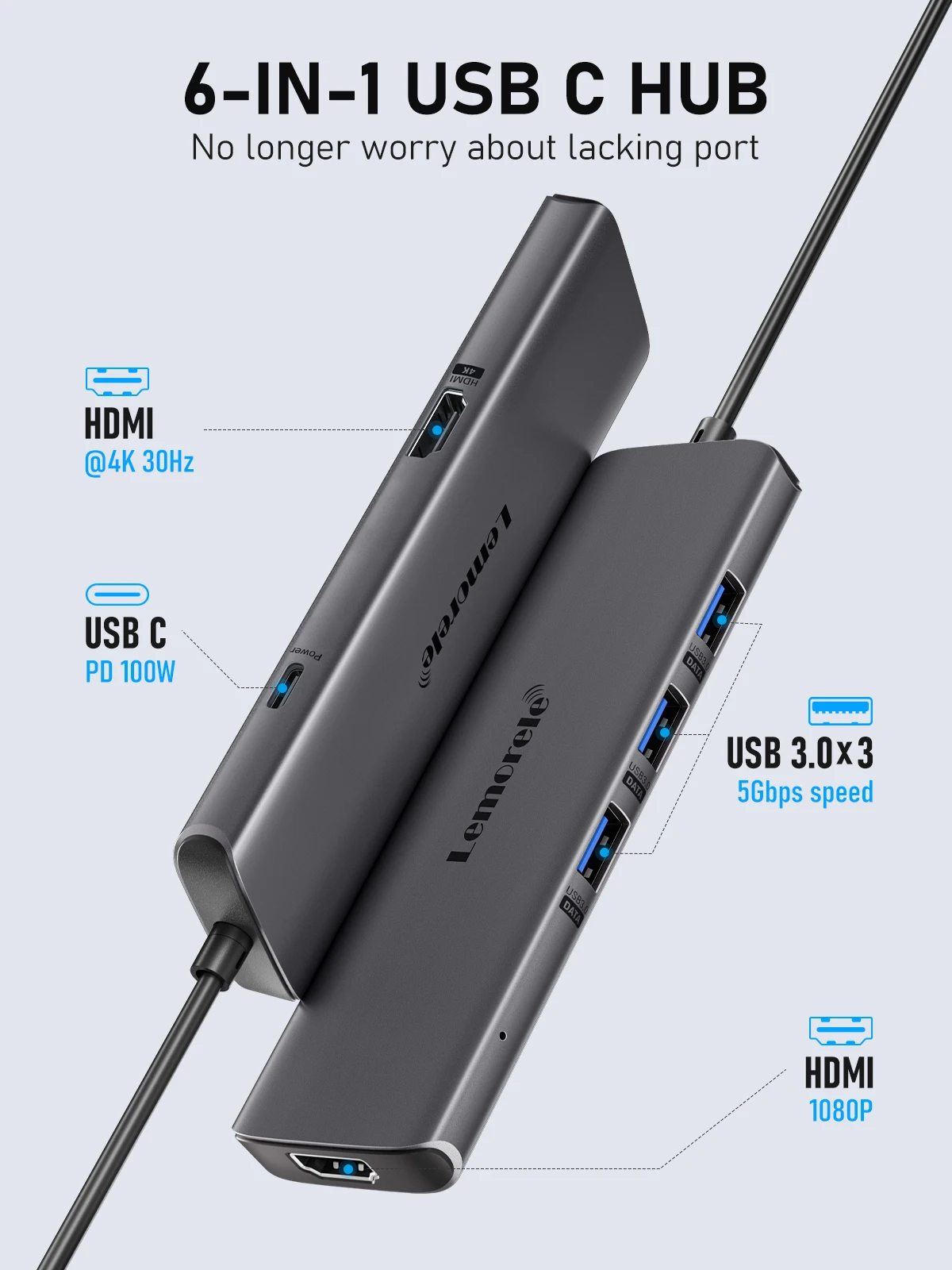 Imagem -02 - Lemorele-hub Usb para Dual Hdmi Docking Station Portas Hub Usb 3.0 Mst tipo c Windows e Macos 4k @ 30hz