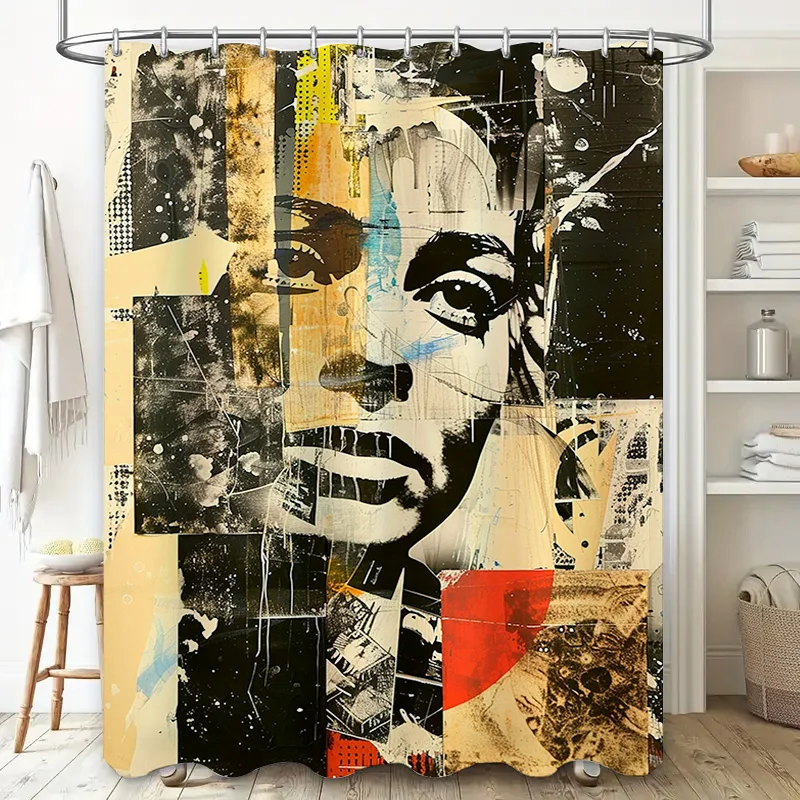 Modern Abstract Print Shower Curtain Black and Beige Color Blocks with Woman's Face Design Bathroom Decor for Home Decoration in