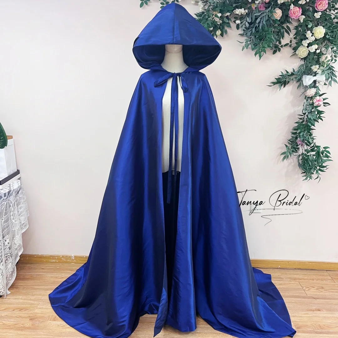 Royal Blue Taffeta Hooded Bridal Cape Long Evening Cloak Front Tie Bow Elegant Bride Shawl Wrap for Outdoor Party