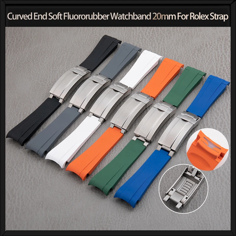 Curved End Soft Fluororubber Watchband 20mm For Rolex Strap Submariner Datejust FKM Rubber Band Diver Bracelet 9×9 Slider Buckle