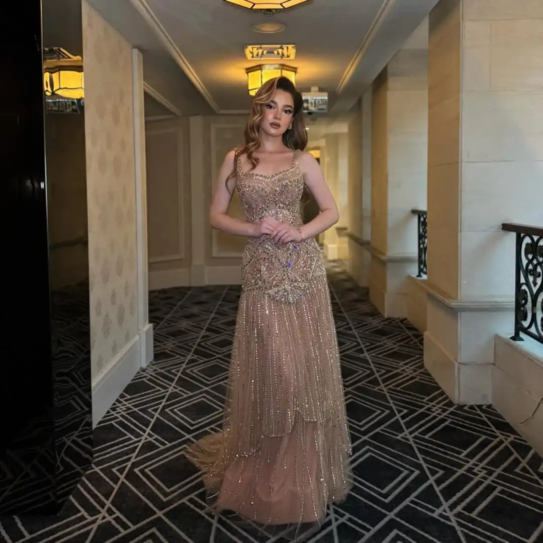 

Luxury Fashion Mermaid Spaghetti Strap Sequin Original Fabric Tulle Beaded Floor Length Slim Fitting Evening Prom Party Dress