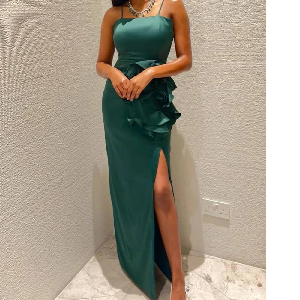 

Customized Jersey Straight Spaghetti Straps Flowers Evening Dress Side Slit Strapless Floor Length Sleeveless Sweep Train