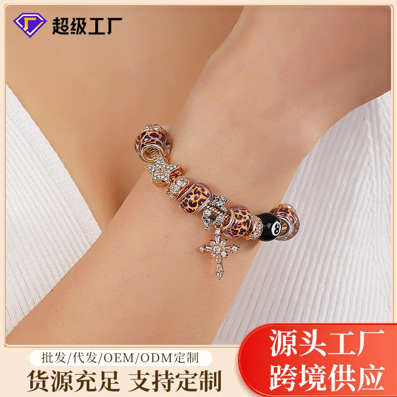 

Adjustable Bead Bracelet with Leopard Print Cross Stainless Steel Zircon New Arrival Fashion Jewelry Accessory
