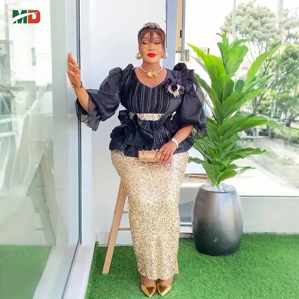 

MD African Dresses For Women 2025 New Evening Party Wedding Dress Plus Size Sequin Gowns Elegant Gauze Tops Puff Sleeve Clothes