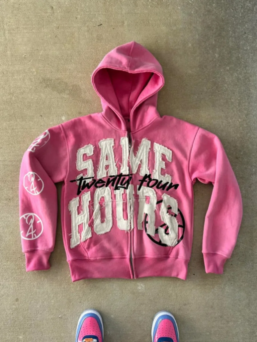 Sudadera con capucha bordada con cremallera y letras para hombre, sudadera estética vintage estilo hip-hop de calle “mes horas”