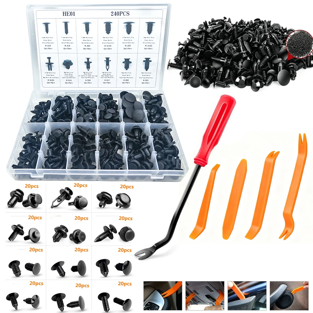 240 piezas con 5 tamaños de orificios: 6.7mm, 7mm, 8mm, 9mm, 10mm. Adecuado para uso en automóviles, reemplazo ideal para los clips originales de parachoques y guardabarros.