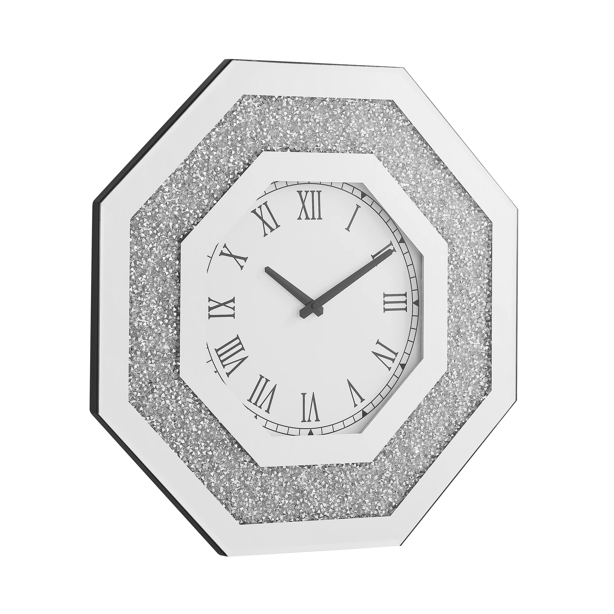 Octagonal Mirrored Sparkle Crystal Wall Clock, Luxury Silent Non-Ticking Roman Numeral Clock for Living Room Bedroom Decor