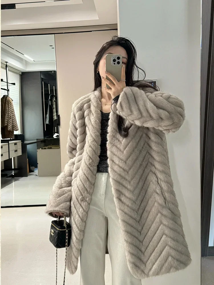 2024ฤดูหนาวใหม่Faux Mink Fur Coat Midiความยาวสไตล์เกาหลีเป็นมิตรกับสิ่งแวดล้อมขนสัตว์One Pieceเสื้อแจ็คเก็ตสตรีPlush Coat Overcoat