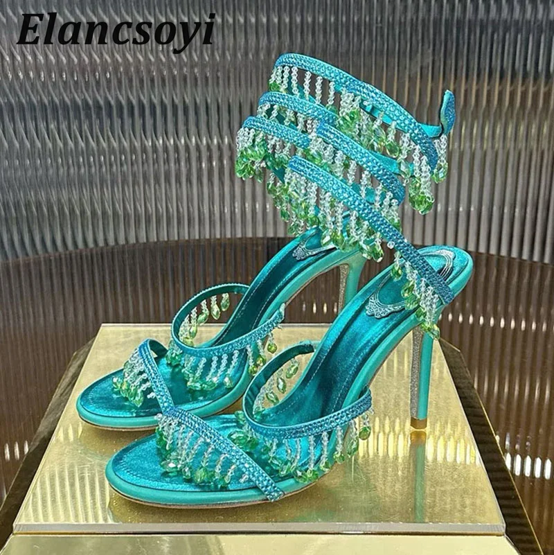 High Heels Sandalen für Damen mit Strass-Anhänger, Schlangenförmige Knöchelriemen, Laufsteg-Schuhe, Sommermode mit Dünnen Absätzen, Sandalias 2026