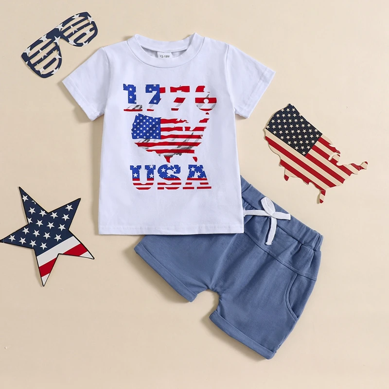 

Independence Day Boys Outfits American Flag Print Short Sleeve T-Shirts Elastic Waist Shorts 2Pcs Clothes Set with Patriotic