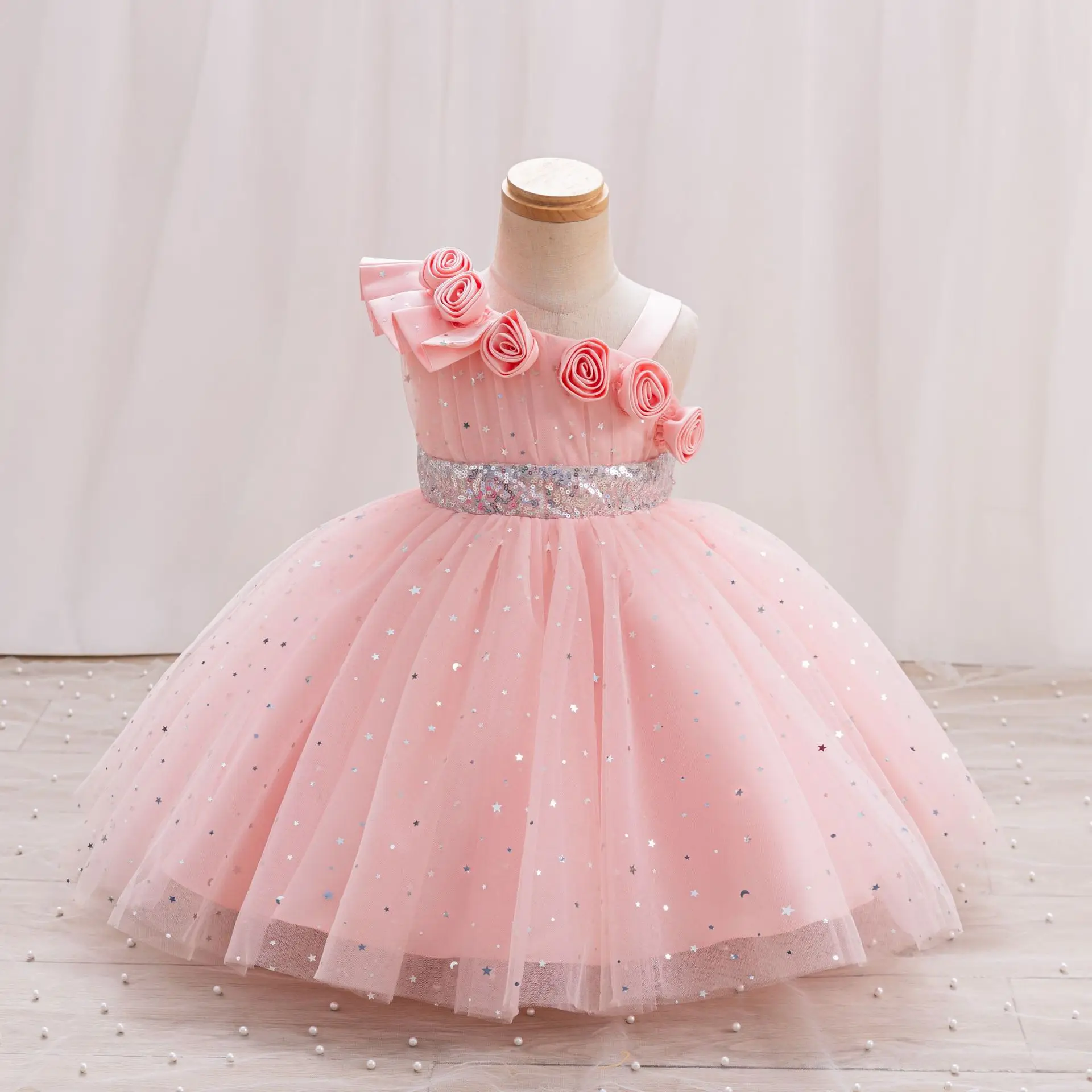 elegance oblique shoulder 3D Flower Girls Princess Dresses sequin chiffon  Baby Birthday Party Ball Gown Holy Communion baptized