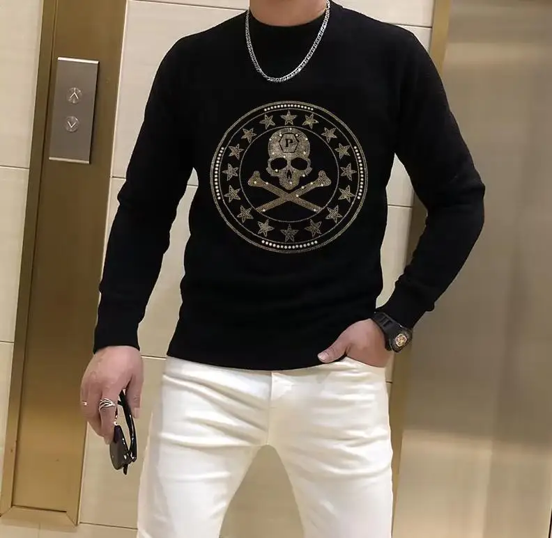 

Flower and skull cool Warm Sweater Men Black Turtleneck Pullover Slim Fit Jumper Pull Knitted Men Clothing Casual Rhinestone