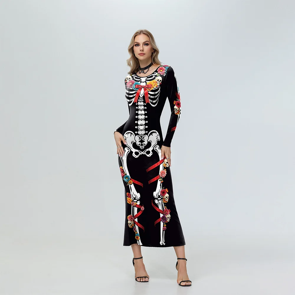 Halloween Dames Bloemige Skelet Rode Lint Midi Jurk Lange Mouw Fluwelen Bodycon Jurk Dag van de Doden Cosplay Party Kostuum